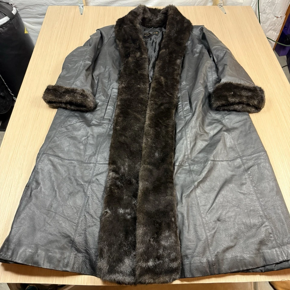 Vintage Penny Lane Leather Fur Trench Coat Duster Mob Wife 18/20 Avenue Design - Image 1 of 4