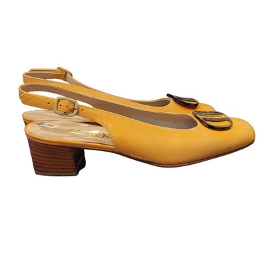 Vintage Salvatore Ferragamo Yellow Patent Block Slingback Heels Pumps Size 7AA - Image 1 of 4
