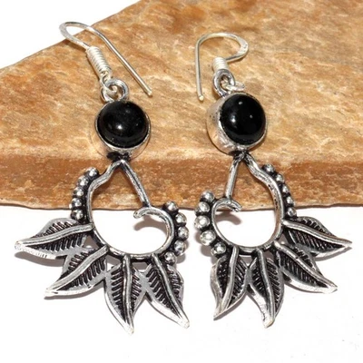 Leaf Black Onyx 925 Silver Plated Earrings 2.1" Promise Gift for women GW - Image 1 of 3
