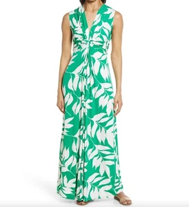 Eliza J Twist Front Leaf Pattern Sleeveless Maxi Dress White Green - Size 4 - Picture 1 of 10