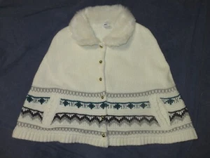 Girls JANIE & JACK Sweater Poncho/Cape - Sz 5 - Ivory/Teal w/ FAUX FUR Collar - Picture 1 of 3