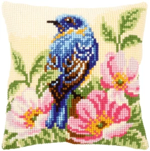 Vervaco Cross Stitch Cushion Kit Bird on Rose Bush 16" x 16" - Picture 1 of 3
