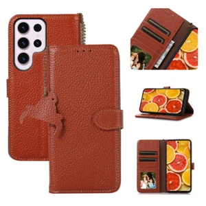 Cowhide Real Leather Litchi Pattern Flip Case Wallet Cover for Samsung Galaxy - Picture 1 of 13