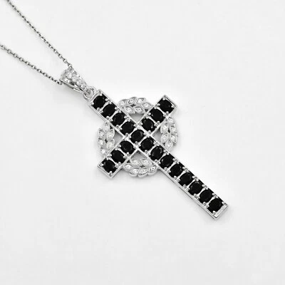 Colgante Cruz Santa Espinela Negra Natural Plata de Ley 925 Piedra de Nacimiento de Agosto Foto 1 de 4