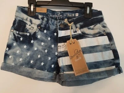 REVOLUTION BY REVOLT SZ 1 PATRIOTIC FLAG STYLE WHITE STAR BLUE DENIM SHORTS NWTS - Image 1 of 3