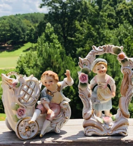 Pair Vintage Porcelain Flowers Little Boy & Girl Ornate And Detailed Gold Trim - Picture 1 of 6
