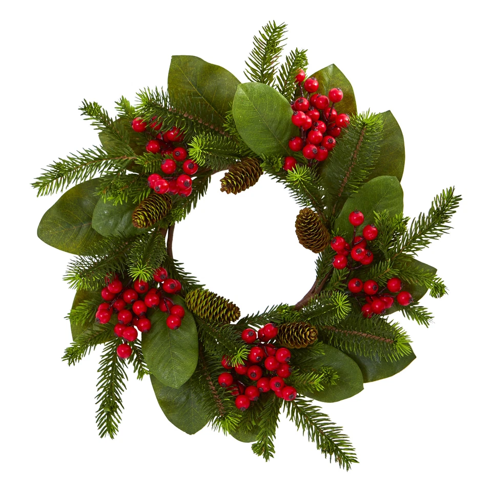 19” Magnolia Leaf Berry and Pine faux Wreath Natural Decor - Image 1 of 1
