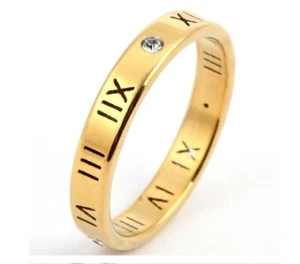 18ct Gold Plated Unisex 4mm Roman Numbers Sparkling CZ Crystal Wedding Band Ring - Picture 1 of 4