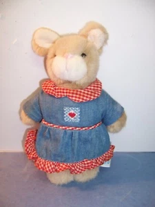 Rare Vintage Eden Bunny Rabbit Plush in Blue Denim Dress/ red checked trim. EX. - Picture 1 of 4