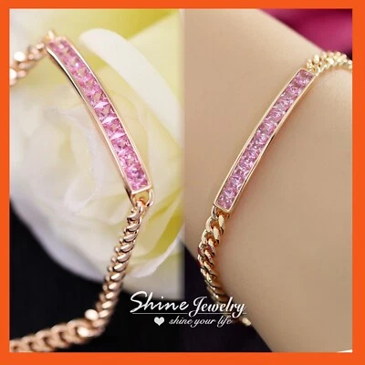 LADY 9K ROSE GOLD GF PINK QUARTZ CHANNEL PAVED ID BAR CURB CHAIN BANGLE BRACELET Foto 1 de 4