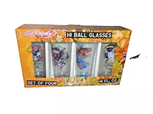 NEU ED HARDY 4ER SET SKULL LOVES KILLS GEISHA KOI FISCH 14 OZ HI BALL GLÄSER - Bild 1 von 7