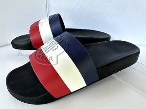 New Moncler Men's Basile Slider Pool Sandals Size 9 Rubber Logo Blue - Picture 1 of 18