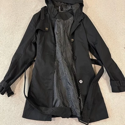 Divided H&M Trench Coat Black Hood Waist Belt Button Up Pockets Women's Size 12 - Image 1 of 4