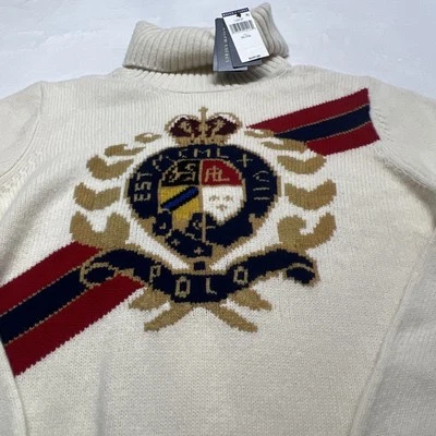 Nuevo con etiquetas Polo Ralph Lauren Mujer XL Cresta 100% Lana Blanco Cuello Alto Suéter Foto 1 de 4