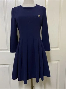 PSALTER Elite Navy Blue Long Sleeve Pleated Fit & Flare Dress ~ Size 38 - Picture 1 of 13