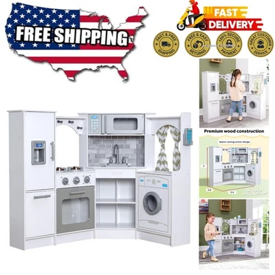 Imaginative Wooden Play Kitchen in Corner Design with Lights & Sounds for Kids - Image 1 of 4