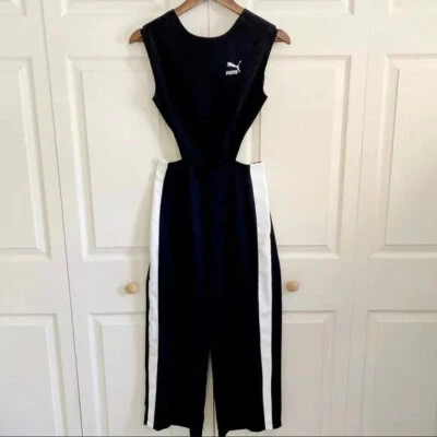Puma Women's Black & White Tie Back Cut Out Retro Cropped Jumpsuit Size XS - image 1 of 4