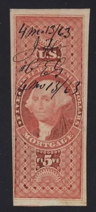 US # R91a Used $5 Mortgage Revenue Imperf November 13, 1863 Manuscript Cancel - Picture 1 of 2