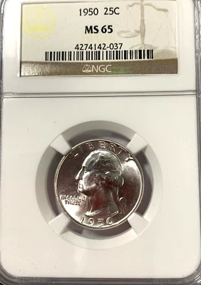 1950-P WASHINGTON QUARTER **SCARCE GEM, MS-65** An NGC Beauty! - Image 1 of 4