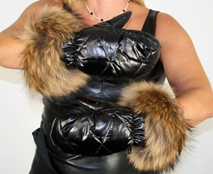 Brand New Black Nylon Mittens Golden Finnish Racoon Fur Trim Efurs4less - Picture 1 of 4