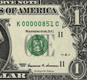 1999 $1 Federal Reserve Note Low 3 digit Serial Number Dallas K00000851C PMG65 - Picture 1 of 4