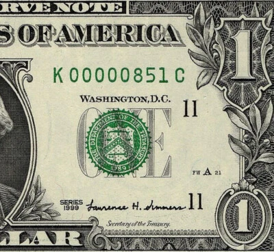 1999 $1 Federal Reserve Note Low 3 digit Serial Number Dallas K00000851C PMG65 - Image 1 of 4