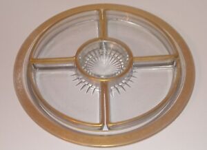 Glided Gold Trim Serving Divided Platter Vtg.Glass Art Deco Crudite Period Cut  