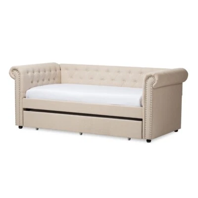 Cama de día Chesterfield Twin Trundle beige marrón gris tela plata borde de cabeza de uñas Foto 1 de 4