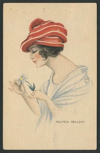 ca.1920er Künstler signierte Postkarte HELFRID SELLDIN SCHÖNE FRAU MODE HUT - Bild 1 von 2