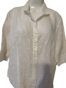 Ishyu Womens White Linen Floral Embroidered Button-Front Shirt Blouse 3/4 Sleeve - Picture 1 of 4