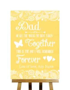 Yellow Burlap Lace Message For Dad Father Of Bride Personalised Wedding Sign - Picture 1 of 8