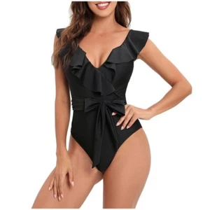 One Piece Swimsuit Size XL Women Monokini Tummy Control Ruffled V-Neck Black - Picture 1 of 9