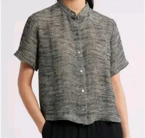 Eileen Fisher Short Sleeve Organic Linen Blend Button Up Shirt M Oversized $158 - Picture 1 of 13