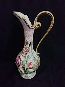Vintage Hubert Bequet Quaregnon Pink & Gold Floral Ewer Vase - Bild 1 von 9