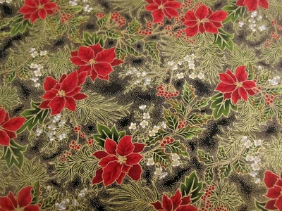 Tela de algodón dorado verde metálico Poinsettias en negro Moda 33334 POR x 44 Foto 1 de 4