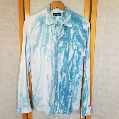 Men's Western Pearl Snap Shirt Size Large Tie Dye Clouds Roll-up Sleeves - Image 1 of 4