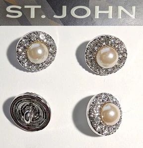 St John Knits 0.5 Inch Silver Tone Faux Cream Pearl & Ice Crystal Buttons (4) - Picture 1 of 1