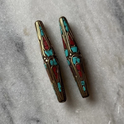 2pcs Tibetan Handmade Turquoise & Coral Brass Beads 54x10mm CC135 - Image 1 of 2