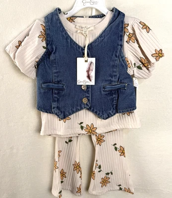 Jessica Simpson Bebé Niña 24M 3 Piezas Floral Acampanado Pantalón A Juego Top Denim Chaleco Foto 1 de 4
