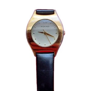 Folio Women Watch Gold Stainless Steel WR Black Leather Battery Champagne Quartz - Picture 1 of 11
