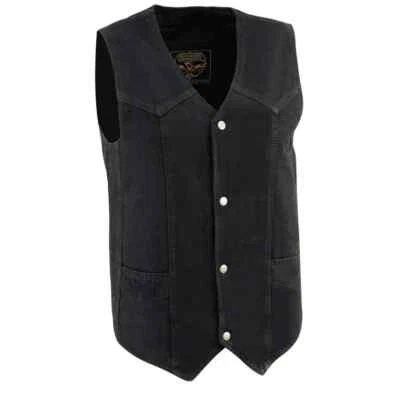 MEN'S MILWAUKEE BIKER  DENIM VEST JACKET NO COLLAR V-NECK BLACK. - Image 1 of 4
