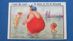 Reg Maurice Comic Postcard 1921 BBW Fat Lady Bathing Beauty Large Bottom Theme - Picture 1 of 2