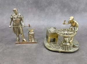2 Vintage Solid Brass Figures of a Blacksmith & Wheelwright at Work - Picture 1 of 17