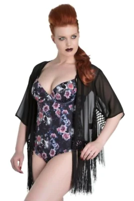 Hell Bunny Asuna Black Kimono Cardigan Fringed Shawl