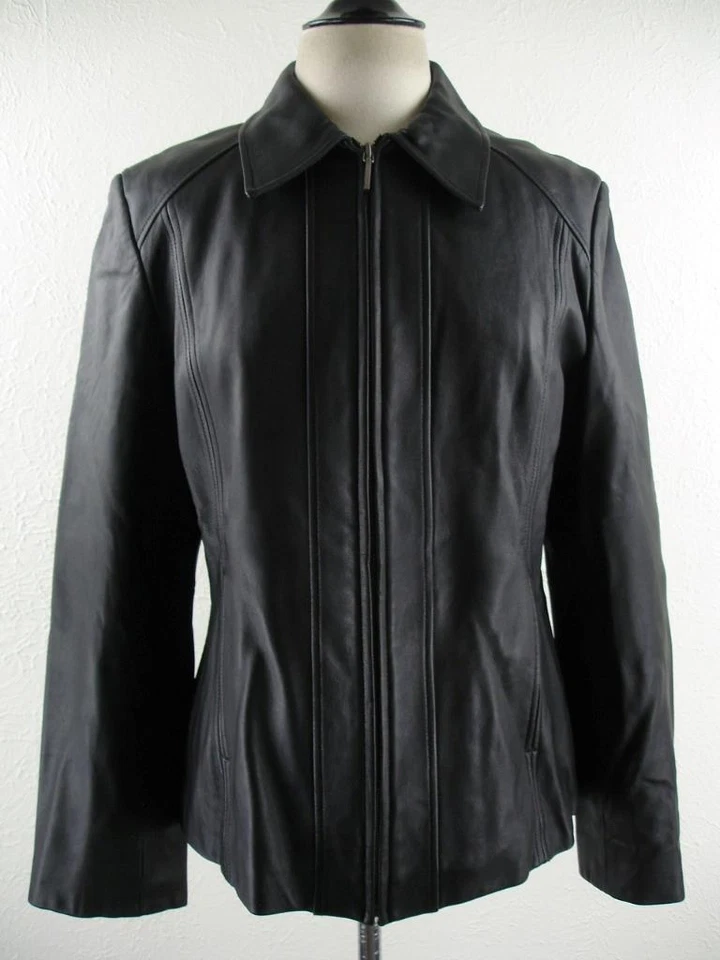 Mujer L Valerie Stevens Negro Suave Cuero Chaqueta Abrigo Vestido Vuelo Bombardero Cremallera Foto 1 de 4