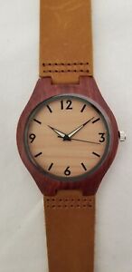 Men's Wooden Watch with Leather light brown Band 10" wide Minimalist Dark Case