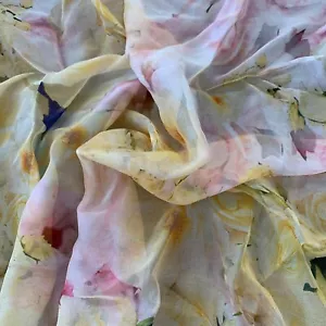 100% Silk Chiffon Raju Donna Pretty Yellow Floral 1.75m X 1.4m Rem,Scarf, Y12 - Picture 1 of 2