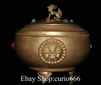 Antigua Dinastía Cobre Puro Plata Incrustación Gemas Dragón Bestia Cara Patrón 3 Patas Censario Foto 1 de 4