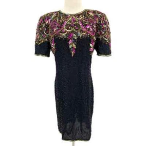 Vestido midi vintage años 80 negro con cuentas estilo funda lentejuelas Lawrence Kazar talla M - Imagen 1 de 16