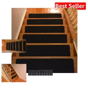 Set of 15 Slip-Resistant Indoor Carpet Stair Treads - 8x30 Black Safety Upgrade - Picture 1 of 9